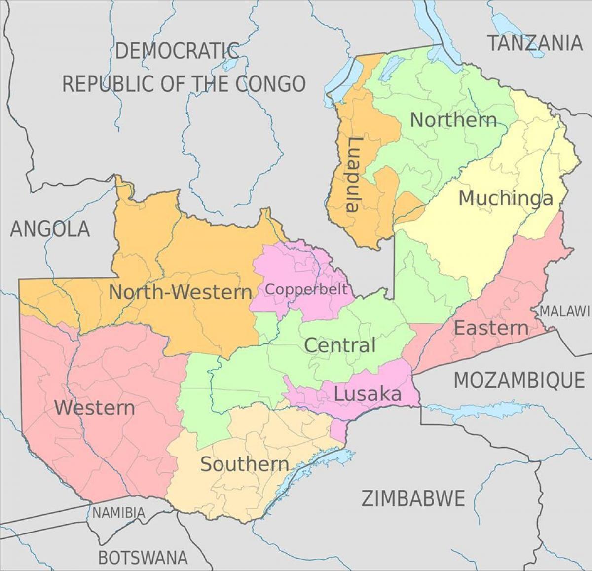 zemljevid Zambija, ki prikazuje 10 provinc