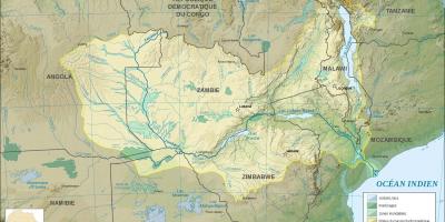 Zemljevid Zambija, ki prikazuje rek in jezer