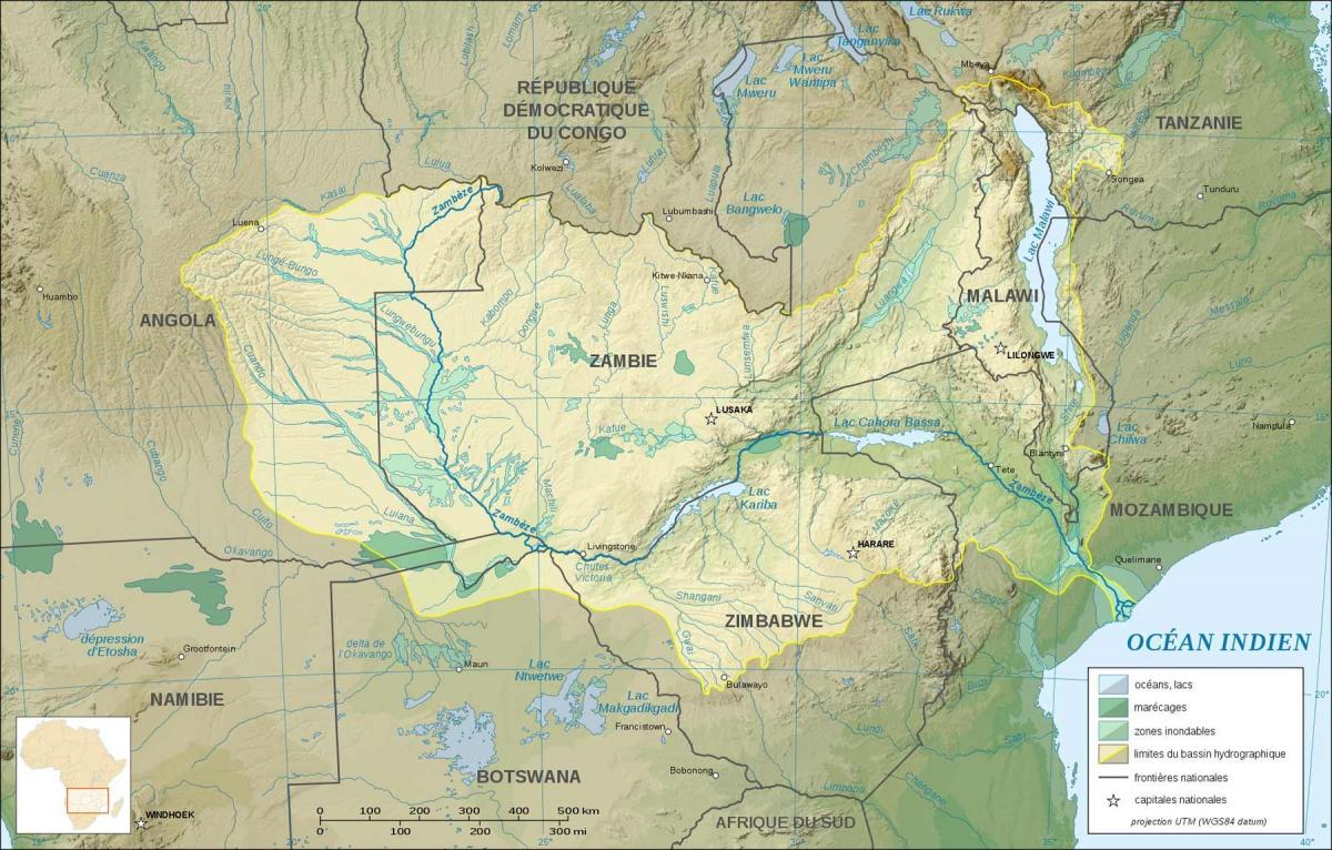 zemljevid Zambija, ki prikazuje rek in jezer